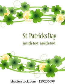 Clover and gold coins on a white background. St. Patrick's Day abstract floral frame