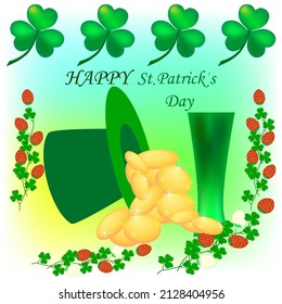 Clover, gold, cup and mug for green beer. Symbol fortune, success, traditional ireland festival, holiday St. Patrick. Fashion modern design. Color template for prints, card. Vector illustration