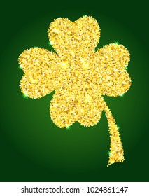 Clover gold glitter four-leaf leaves vector illustration. St. Patrick's day golden sparkle design element over green background.