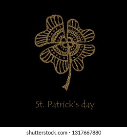 Clover gold glitter four-leafl leaf vector illustration. St. Patrick's day golden sparkle design element isolated over black.