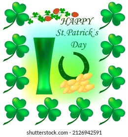 Clover, gold, horseshoe and mug for green beer. Symbol fortune, success, traditional ireland festival, holiday St. Patrick. Fashion modern design. Color template for prints, card. Vector illustration