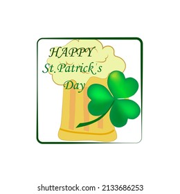 Clover, gold, and mug for green beer. Symbol fortune, success, traditional ireland festival, holiday St. Patrick. Fashion modern design. Color template for prints, card. Vector illustration