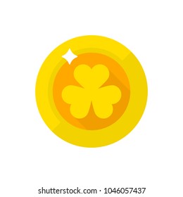 Clover golden flat coin. Irish folklore illustration. Sign of luck and happy.