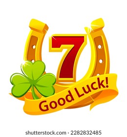 Clover, Golden Horseshoe and 7. Good luck symbol text on award ribbon