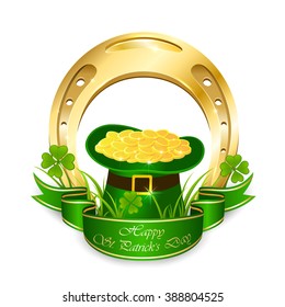 Clover, golden horseshoe and green leprechaun hat with coins isolated on white background, illustration.