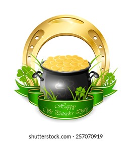 Clover, golden horseshoe and pot with leprechauns coins isolated on white background, illustration.