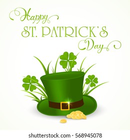 Clover with grass, golden coins and green hat of leprechaun on white background, holiday lettering Happy St. Patrick's Day, illustration.