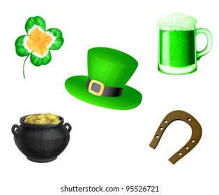 Clover, green beer, St.Patrick hat, pot full of gold and horseshoe
