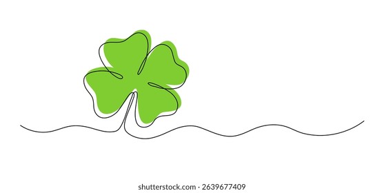 Clover with green color one line drawing, symbol of St. Patrick's Day continuous line isolated sketch, border