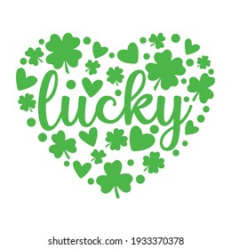 Clover and green hearts form a big heart shape around the inscription LUCK. Perfect for congratulations on St. Patrick's Day.