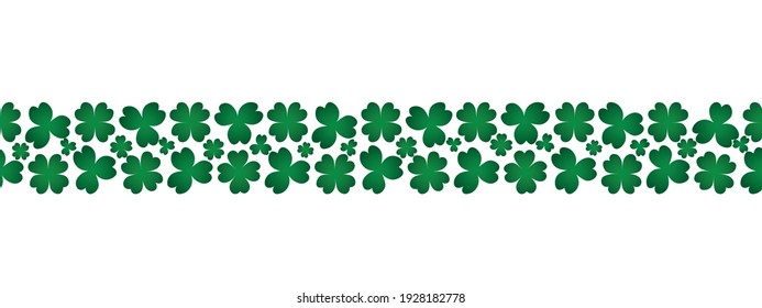 Clover. Planta verde. Borde horizontal impecable. Trefoil y cuatro hojas. Patrón vector repetitivo. Día de San Patricio. Una hoja que trae buena suerte. Fondo incoloro aislado. Estilo plano. 