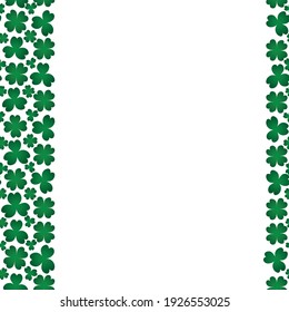 Clover. Green plant. Seamless vertical border. Trefoil and four-leafed. Repeating vector pattern. Saint Patrick Day. A leaf that brings good luck. Isolated colorless background. Flat style. 