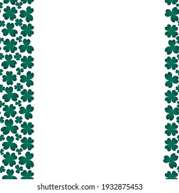 Clover. Green plant. Seamless vertical border. Trefoil and four-leafed. Repeating vector pattern. Saint Patrick Day. A leaf that brings good luck. Isolated colorless background. Flat style. 