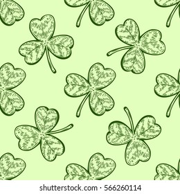 Clover hamrock plant, leaf hand drawn sketch seamless vector pattern. For templates, web, design, invitations, banners. Retro vintage engraved style