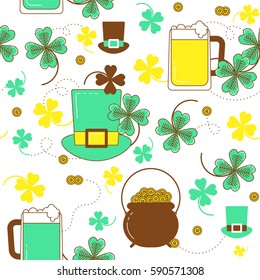 Clover, hat, beer and cauldron with gold. St. Patrick's day colorful seamless pattern
