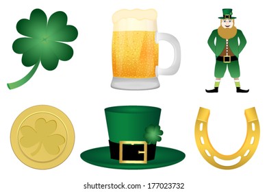 clover, hat, leprechaun, coins, beer mug, horseshoe symbols St. Patrick's Day