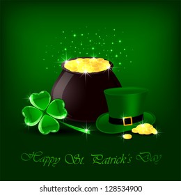 Clover, hat and pot with gold on green background, illustration.