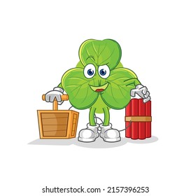 the clover holding dynamite detonator. cartoon mascot vector