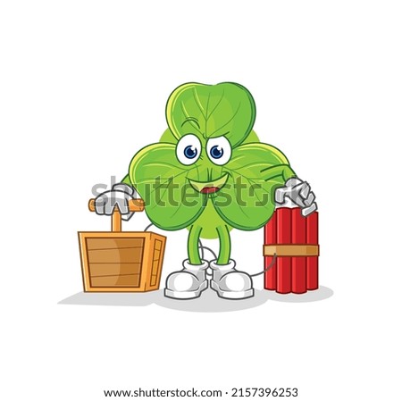 the clover holding dynamite detonator. cartoon mascot vector