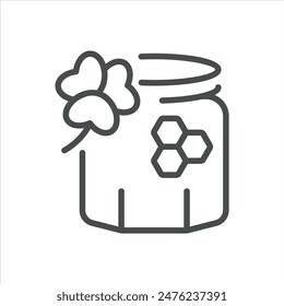 Clover Honey Icon. Simple Illustration of Honey Jar with Clover Flower and Honeycomb. Linear Vector Design on White Background.