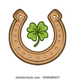 clover and horseshoe cartoon hand drawn colored vector  illustration. symbols of good luck.