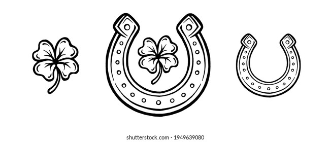 clover and horseshoe objects, hand drawn illustration. symbols of good luck. vector clip art