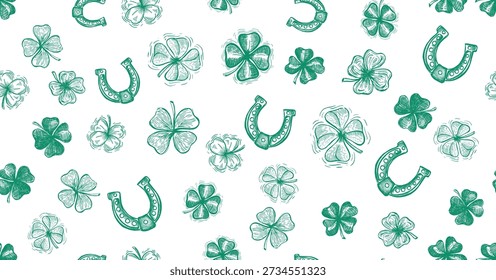 Patrón de trébol y herradura en blanco. El Día de Patrick. Ilustraciones dibujadas a mano