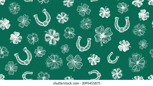 Clover, horseshoe set, St. Patrick's Day. Hand drawn illustrations. Vector.