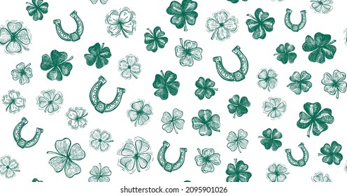 Clover, horseshoe set, St. Patrick's Day. Hand drawn illustrations. Vector.	