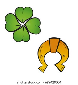 Clover and horseshoe in vintage retro style. Design elements for old school tattoo, background hipster cover, poster. Cartoon vector illustration.