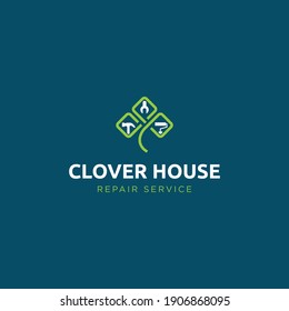 Clover House Repair Service logo design. Disaster restoration services symbol. Lucky leaf home services logo template vector.
