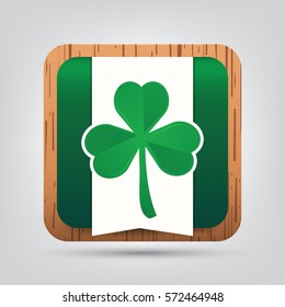 Clover icon. Clover button on wooden background. Shamrock. Vector illustration