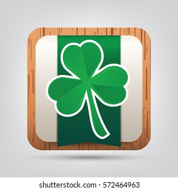Clover icon. Clover button on wooden background. Shamrock. Vector illustration