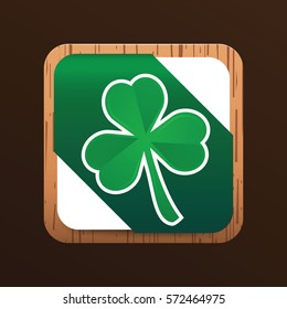 Clover icon. Clover button on wooden background. Shamrock. Vector illustration