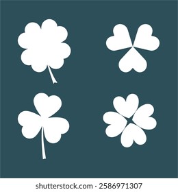 Clover Icon set, shamrock, lucky Irish sign, Santa Patrick's Day symbol good luck sign. White on green. Vector illustration EPS 10,