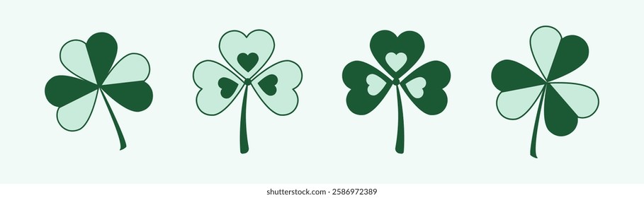 Clover Icon set . Shamrock, lucky Irish sign, Santa Patrick's Day symbol good luck sign. Green leaves. Vector illustration EPS 10