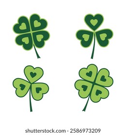 Clover Icon set, shamrock, lucky Irish sign, Santa Patrick's Day symbol good luck sign. Green leaves. Vector illustration EPS 10,