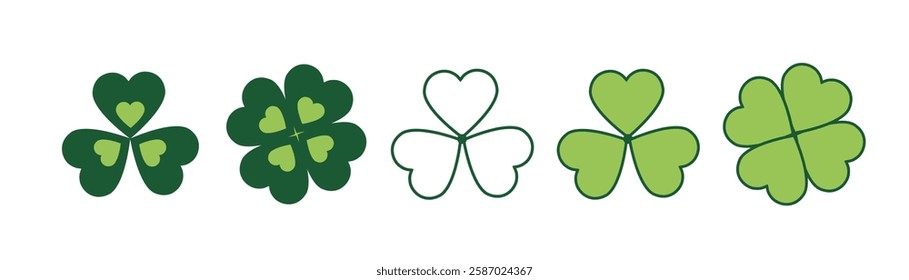 Clover Icon set, shamrock, lucky Irish sign, Santa Patrick's Day symbol good luck sign. Green leaves. Vector illustration EPS 10,