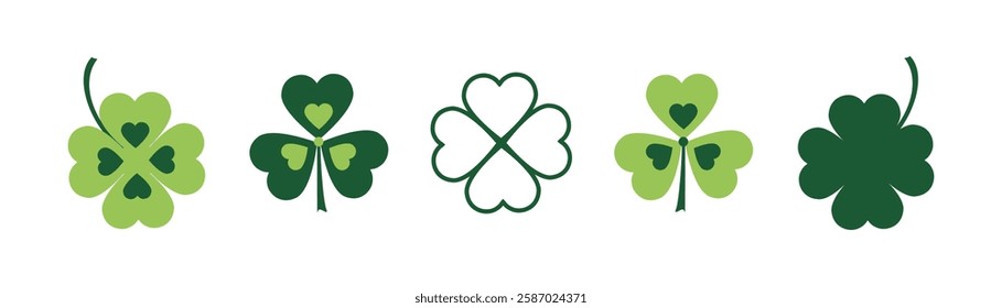 Clover Icon set, shamrock, lucky Irish sign, Saint Patrick's Day symbol good luck sign, green leaves on white. Vector illustration EPS 10