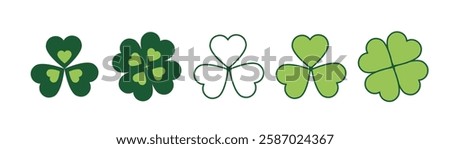 Clover Icon set, shamrock, lucky Irish sign, Santa Patrick's Day symbol good luck sign. Green leaves. Vector illustration EPS 10,