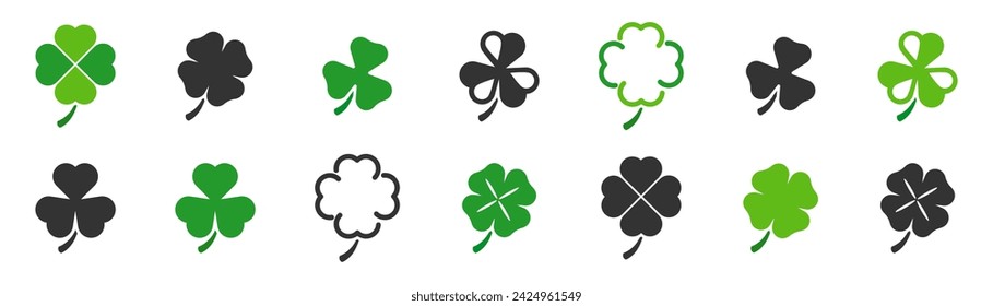 Clover icon set. St Patrick's day. Green clover icons. Four leaf clover. Vector illustration.