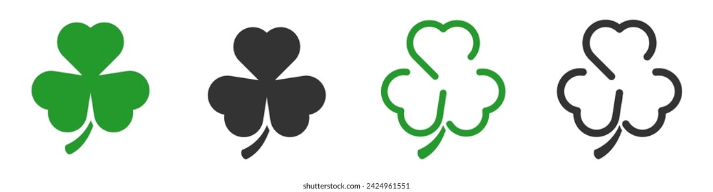 Clover icon set. St Patrick's day. Green clover icons. Four leaf clover. Vector illustration.