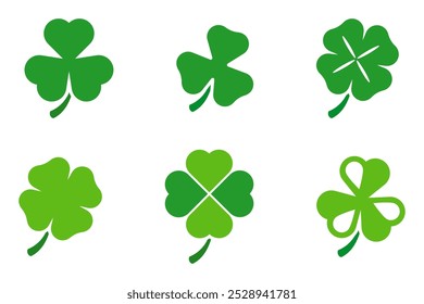 Clover icon set. St Patrick's day. Green clover icons. Four leaf clover. Vector illustration.