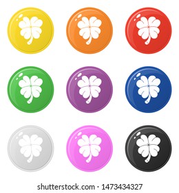 Clover icons set 9 colors isolated on white. Collection of glossy round colorful buttons. Vector illustration for any design.