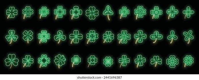 Clover icons set outline vector. Leaf celebration. Celtic nature neon color on black
