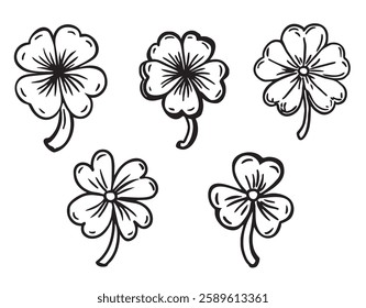 Clover icons set. Three, four, five leaf clover icon. St. Patrick's day. Silhouette. Vector illustration isolated on white background. Clover leaf sketch. Good luck. Engraving illustration