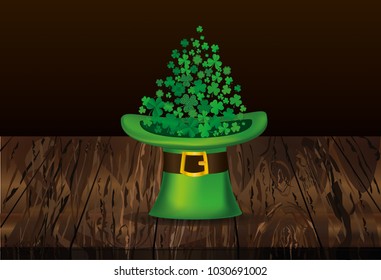 Clover inside the hat. The three-leaf leaves the cylinder. St.Patrick 's Day. Free space for your text or advertising. Greeting card or invitation. Vector illustration on wooden background.