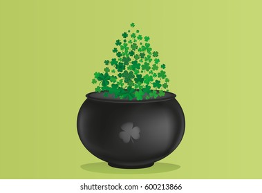 Clover inside the pot. A trefoil leaf flying comes out of the kettle. St.Patrick 's Day. Free space for your text or advertising. Greeting card or invitation. Vector illustration.