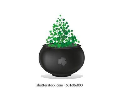 Clover inside the pot. A trefoil leaf flying comes out of the kettle. St.Patrick 's Day. Free space for your text or advertising. Greeting card or invitation. Vector illustration.