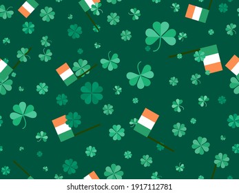 Clover and Irish flag seamless pattern for Saint Patrick's Day. Four-leafed and three-leafed clover. Background for printing on paper, advertising materials and fabric. Vector illustration